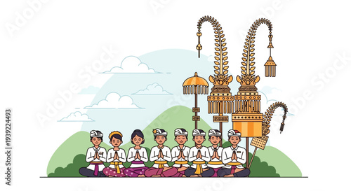 Balinese people in traditional attire praying with offerings at a cultural ceremony