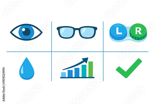 A collection of six flat vector icons related to eye care and vision health, including an eye, glasses, contact lens case, eye drop, growth chart, and a green checkmark on a black background.