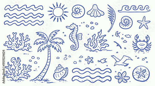 Hand drawn ocean doodle set with palm tree, seahorse, shells, starfish, waves, coral, crab, and sea life elements. Sketch style marine illustration for beach themes, summer design, travel graphics, an