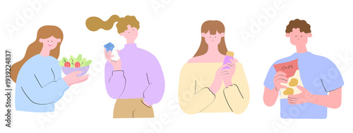 Healthy and unhealthy eating habits vector illustration set – people with salad, yogurt, snack bar and chips
