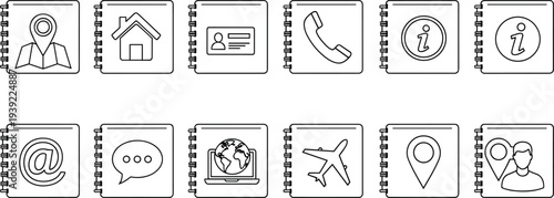 Personal contact information book icons set featuring map location home address and phone details