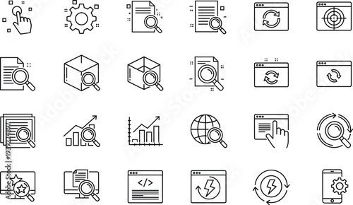 Digital search and analytics interface icons for web monitoring and data verification processes set