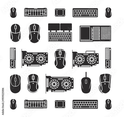 Collection of computer hardware icons including keyboards, mice, and graphics cards.