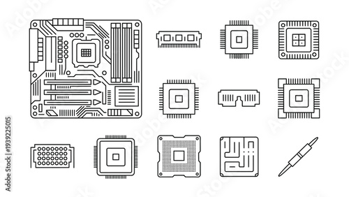 Outline icons of computer motherboard, RAM, and CPU processors for technology concept.