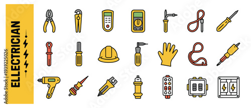 Set of electrician tools and safety equipment icons for electrical work and repair.