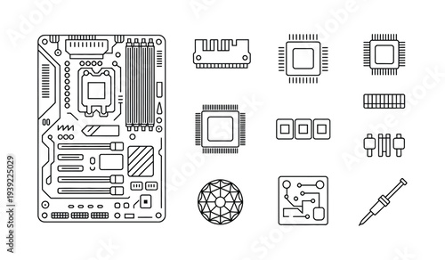 Line art icons of computer motherboard, RAM, CPU processors, and a crystal.