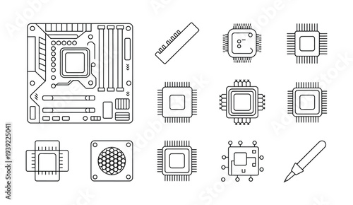 Collection of computer motherboard, RAM, CPU processors, and cooling fan icons.
