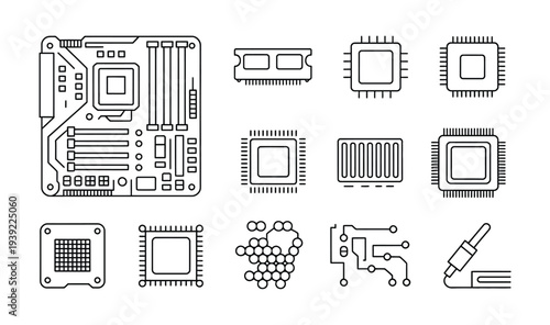 Computer hardware icons including motherboard, CPU, RAM, and circuit board elements.