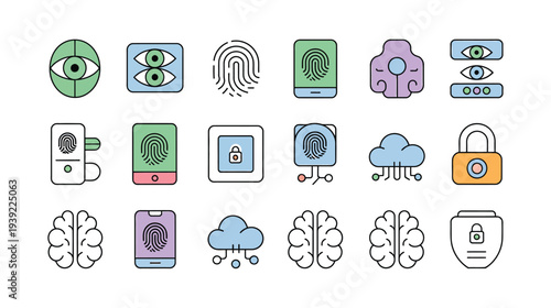 Security and technology icons: fingerprint, eye scan, brain, cloud, padlock, AI.