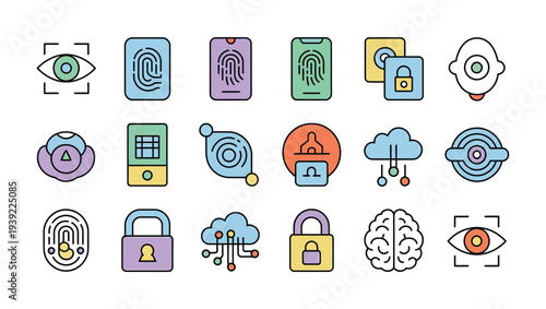Collection of security and technology icons featuring biometrics, AI, and cloud.