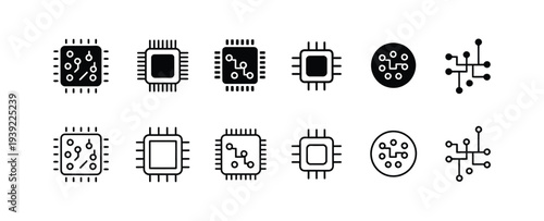 Set of diverse computer microchip and processor icons in black and white.