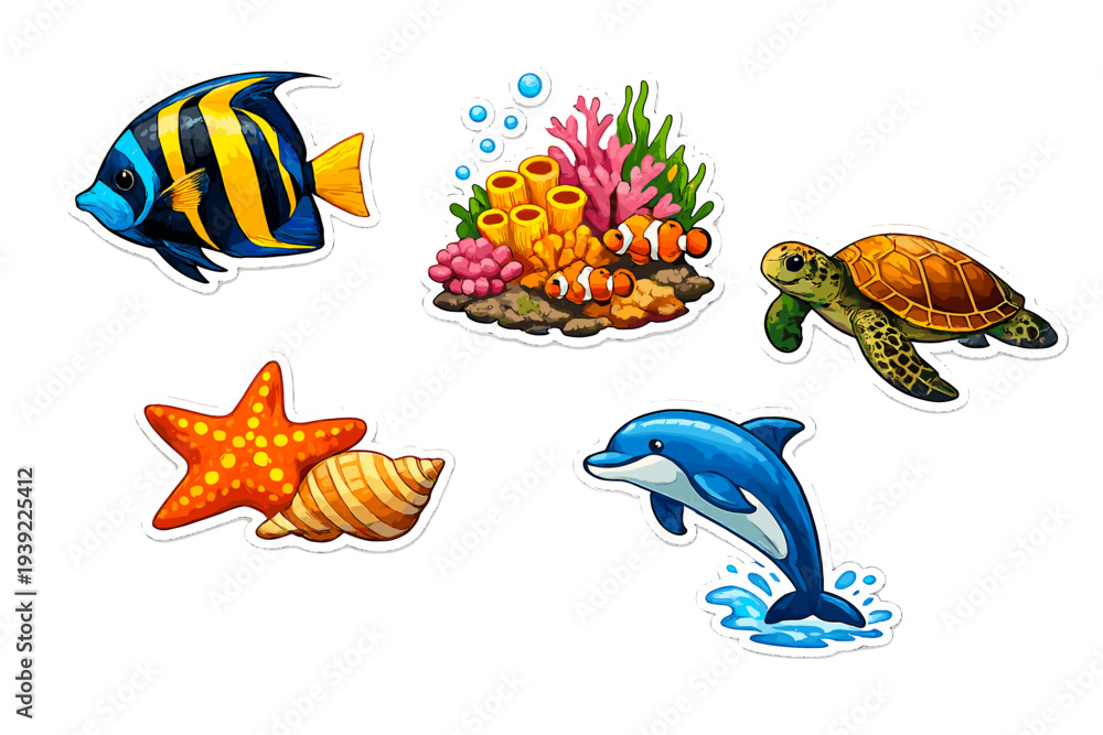 Fototapeta premium A collection of five colorful marine life stickers featuring a dolphin, sea turtle, angelfish, starfish with a shell, and a coral reef with clownfish on a black background.