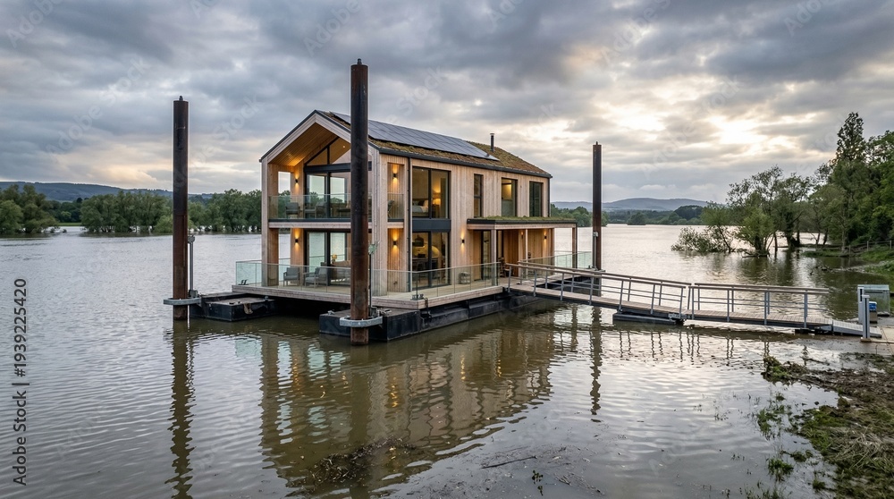 Obraz premium Amphibious Flood Resistant House Floating on Water