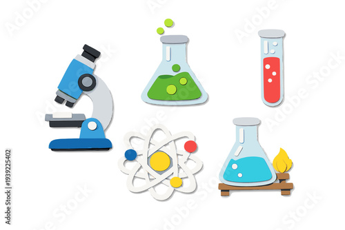 A collection of paper-cut style science icons including a microscope, an atom model, and various laboratory glassware with colorful liquids, isolated on a black background.