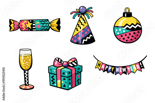 Vibrant set of New Year's Eve celebration icons featuring a champagne flute, gift box, party hat, and festive banner with text on a solid black background.