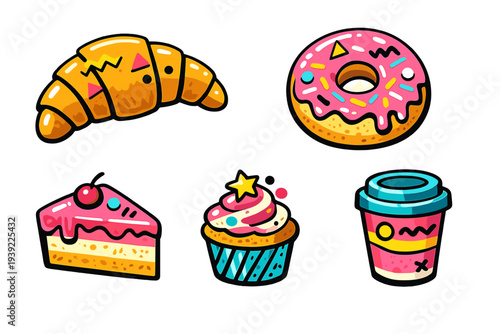 A collection of five colorful cartoon food stickers featuring a croissant, a pink glazed donut, a slice of cake, a cupcake, and a coffee cup with vibrant geometric patterns on a black background.