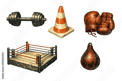 A collection of vintage-style boxing equipment including a dumbbell, traffic cone, leather boxing gloves, a miniature boxing ring, and a speed bag on a black background.
