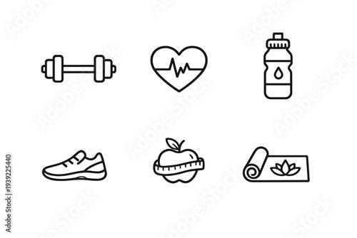A collection of six minimalist black line icons representing fitness and health, including a dumbbell, heart pulse, water bottle, running shoe, apple with measuring tape, and yoga mat.