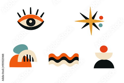 A collection of five abstract mid-century modern graphic elements featuring an eye, a star, and geometric shapes in orange, teal, and cream colors set against a solid black background.