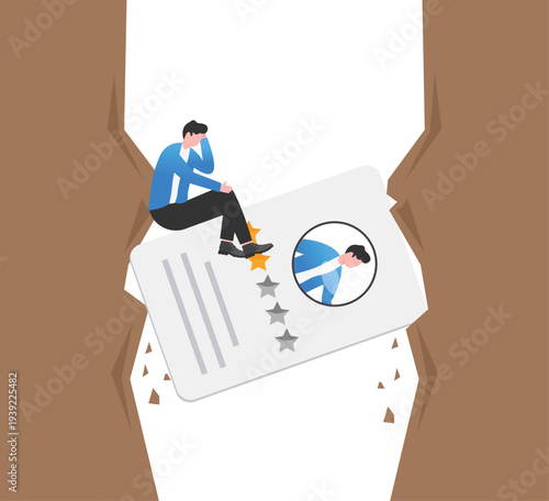 Businessman Sitting on Falling Profile Card into Deep Gap