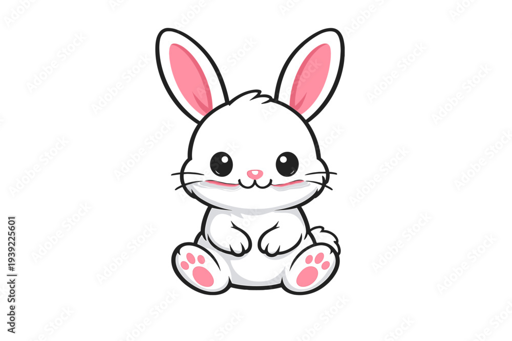 Obraz premium A cute cartoon illustration of a black and white bunny sitting against a dark background. The rabbit has large pink ears, a small pink nose, and pink paw pads on its feet.