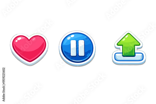 Three glossy cartoon game buttons featuring a pink heart, a blue pause icon, and a green upward arrow on a black background. These vibrant UI elements are designed for mobile gaming interfaces.
