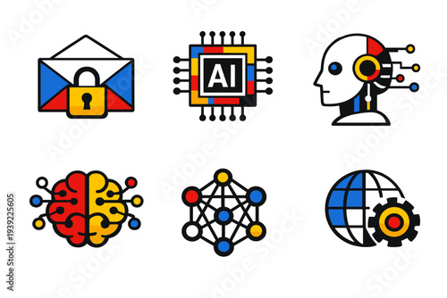 Six stylized icons depicting concepts of artificial intelligence, secure email, robotics, neural networks, and global automation in a colorful geometric design on black.