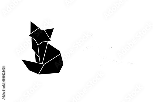 A minimalist illustration featuring a black origami fox and a white line art origami crane set against a solid black background. The geometric designs highlight paper folding art.