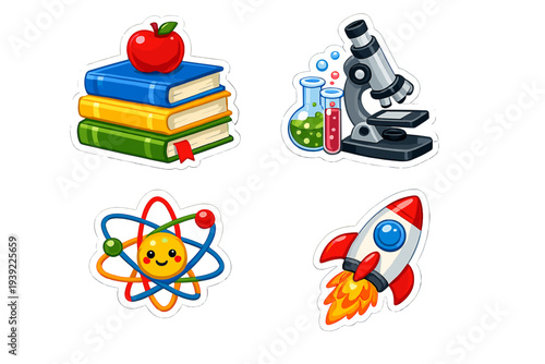 A collection of four educational stickers featuring a stack of books with an apple, a microscope with laboratory glassware, a smiling atom model, and a launching space rocket.