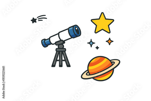 This flat vector illustration depicts a telescope, a yellow star, and a ringed planet like Saturn on a black background, representing astronomy and outer space exploration themes.