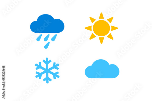 A set of four minimalist weather icons including a rainy cloud, a bright sun, a snowflake, and a single cloud, all displayed on a solid black background for high contrast.