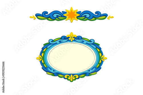 This set includes a colorful horizontal border with a central star and an ornate oval frame. Both elements feature blue, green, and yellow decorative patterns on a black backdrop.