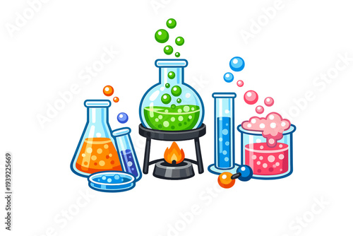 Vibrant cartoon illustration of laboratory equipment including beakers and flasks filled with bubbling colorful liquids and chemical reactions against a black background.