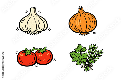 A collection of hand-drawn illustrations featuring a head of garlic, an onion, two tomatoes on a vine, and a bundle of fresh herbs, all isolated on a solid black background.