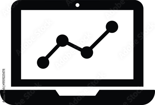 Laptop computer icon with financial analysis line graph on screen showing growth and data statistics