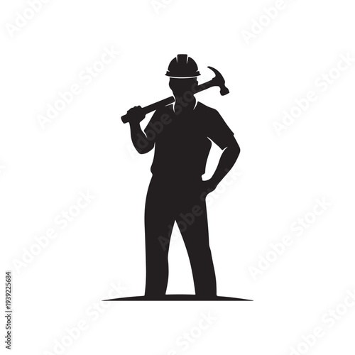 Minimalist Black Silhouette Construction Worker with Hard Hat and Hammer Vector Illustration