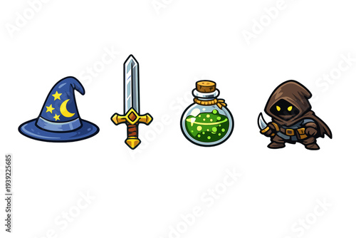 A collection of fantasy game icons featuring a blue wizard hat with stars, a silver sword with a gold hilt, a bubbling green potion bottle, and a hooded rogue character on a black background.