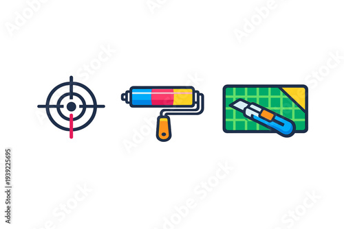 A set of three colorful vector icons featuring a target crosshair, a multi-colored paint roller, and a utility knife on a green cutting mat, all set against a solid black background.