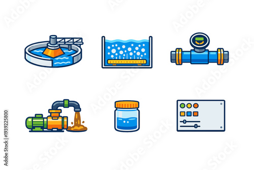 A set of six colorful flat icons representing various stages of water treatment and industrial processing, including a clarifier, aeration tank, pipe meter, pump, sample jar, and control panel.