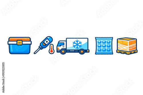 This collection of five icons illustrates cold chain logistics and includes a cooler, a thermometer, a refrigerated truck, a gel ice pack, and a pallet of goods on a black background.