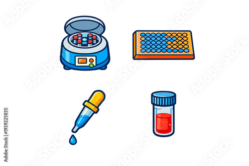 A collection of four laboratory equipment icons including a centrifuge, a microplate, a pipette with a blue droplet, and a specimen vial with red liquid on a black background.