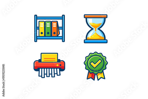 Four vibrant office icons featuring a bookshelf with binders, a sand hourglass, a red paper shredder, and a green award ribbon with a checkmark, isolated on a solid black background.