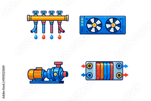 A set of four stylized vector icons representing industrial cooling and heating components, including a manifold, a dual-fan radiator, a water pump, and a plate heat exchanger.