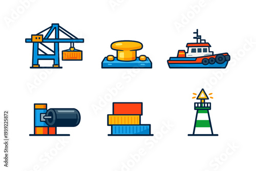 A set of six colorful flat vector icons representing maritime port operations, including a gantry crane, tugboat, mooring bollard, shipping containers, a winch, and a beacon tower.