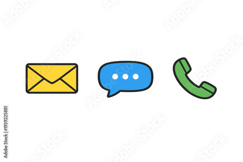 Three colorful communication icons including a yellow envelope, a blue speech bubble, and a green telephone handset are arranged horizontally against a solid black background.