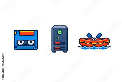 A set of three stylized vector icons including a blue cassette tape, a dark computer server rack, and an orange inflatable raft with oars on water, all set against a black background.
