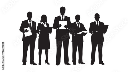 Professional Business Team Holding Tablets and Documents Flat Vector Illustration for Corporate Presentations