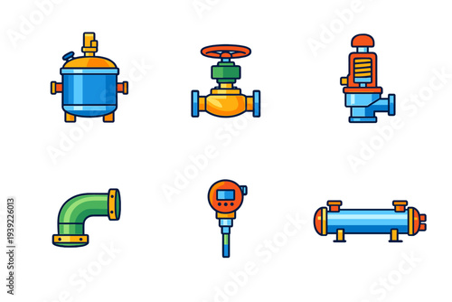 Six vibrant industrial icons depicting various plumbing and piping components such as valves, a pressure gauge, and storage tanks. The flat design style uses bold colors on a black backdrop.