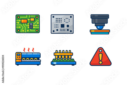 This set of six colorful flat icons illustrates various stages of electronics production, featuring a printed circuit board, industrial machinery, and a safety alert symbol.