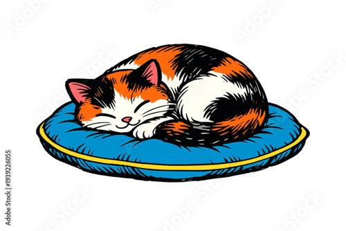 A colorful calico cat with orange, black, and white fur sleeps peacefully curled up on a round blue cushion with yellow trim, set against a solid black background in an illustrative style.